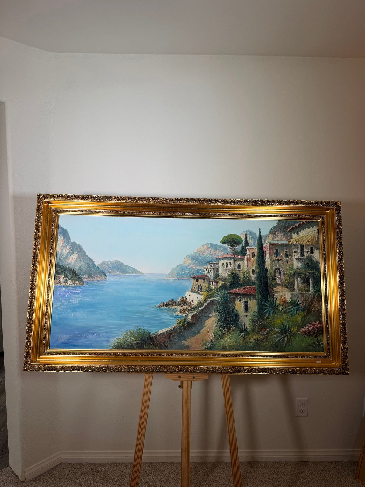 Lot 1015: L. Ginelli Original Oil Painting, Southern Italian Coastal Village, Ornate Gold Frame, 54 x 30 in