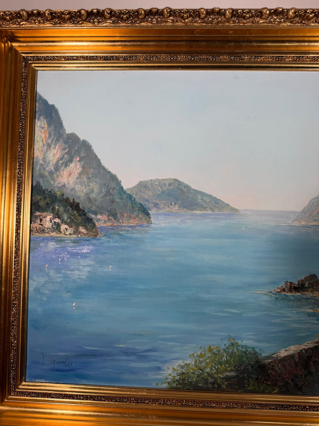 Lot 1015: L. Ginelli Original Oil Painting, Southern Italian Coastal Village, Ornate Gold Frame, 54 x 30 in