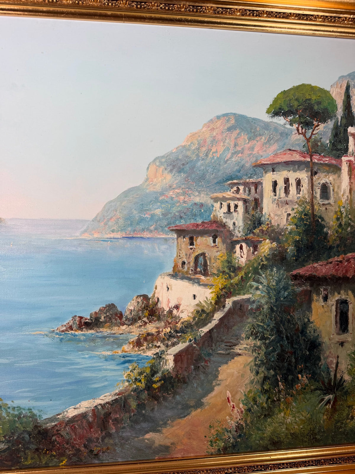Lot 1015: L. Ginelli Original Oil Painting, Southern Italian Coastal Village, Ornate Gold Frame, 54 x 30 in