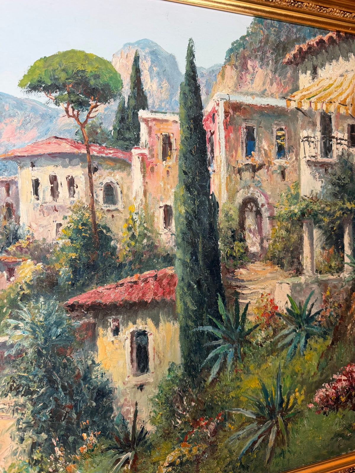 Lot 1015: L. Ginelli Original Oil Painting, Southern Italian Coastal Village, Ornate Gold Frame, 54 x 30 in