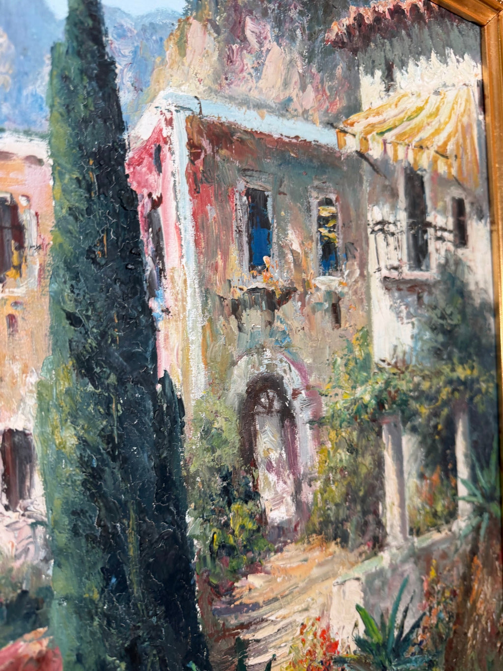 Lot 1015: L. Ginelli Original Oil Painting, Southern Italian Coastal Village, Ornate Gold Frame, 54 x 30 in