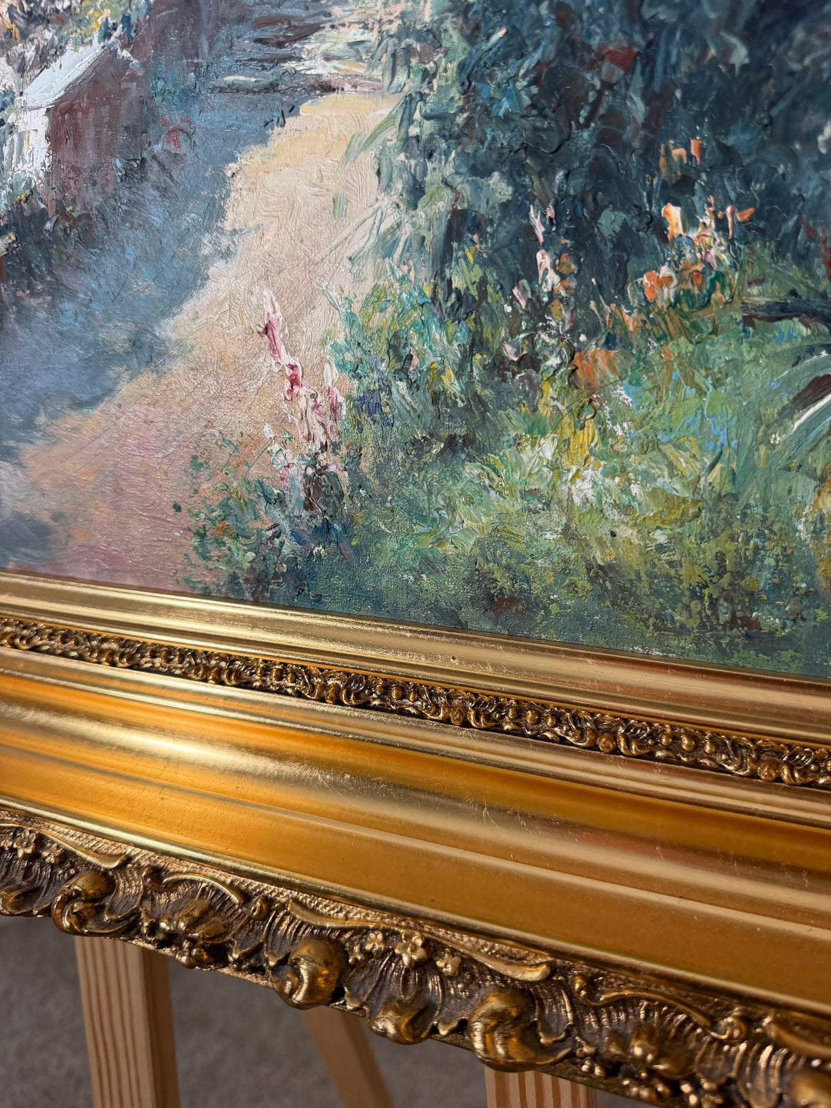 Lot 1015: L. Ginelli Original Oil Painting, Southern Italian Coastal Village, Ornate Gold Frame, 54 x 30 in