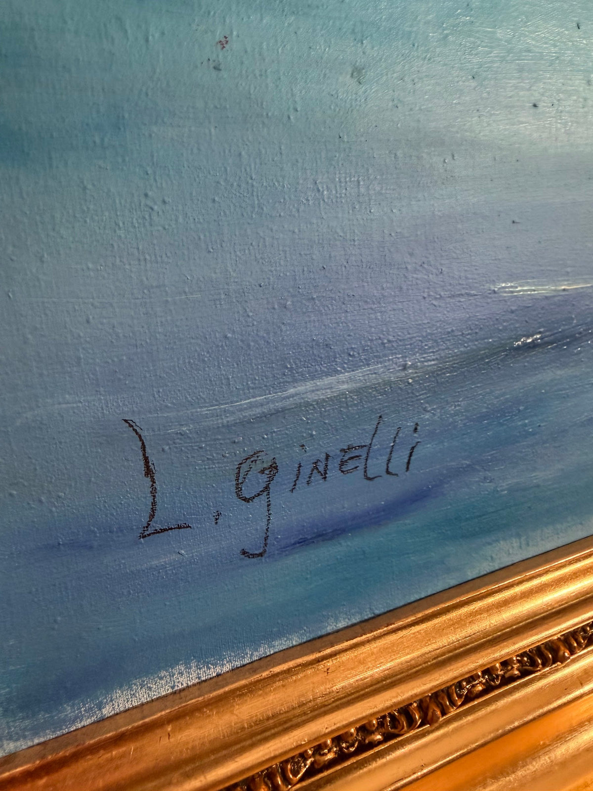 Lot 1015: L. Ginelli Original Oil Painting, Southern Italian Coastal Village, Ornate Gold Frame, 54 x 30 in