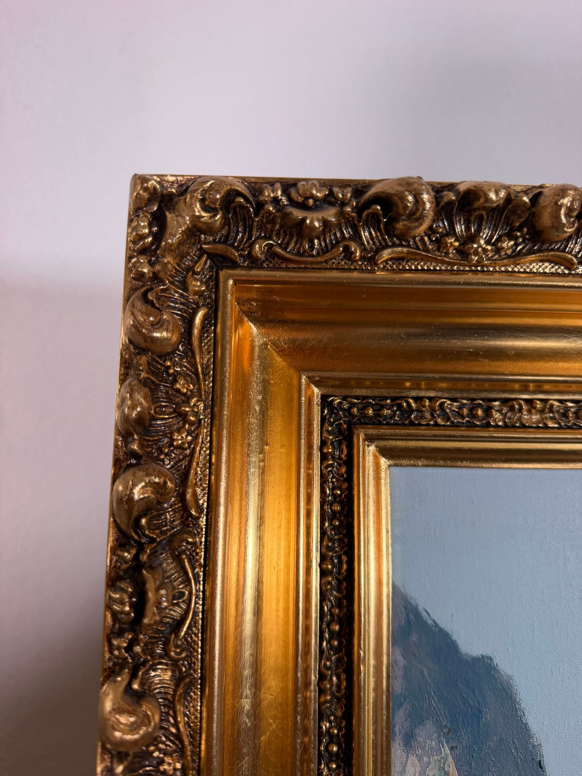 Lot 1015: L. Ginelli Original Oil Painting, Southern Italian Coastal Village, Ornate Gold Frame, 54 x 30 in