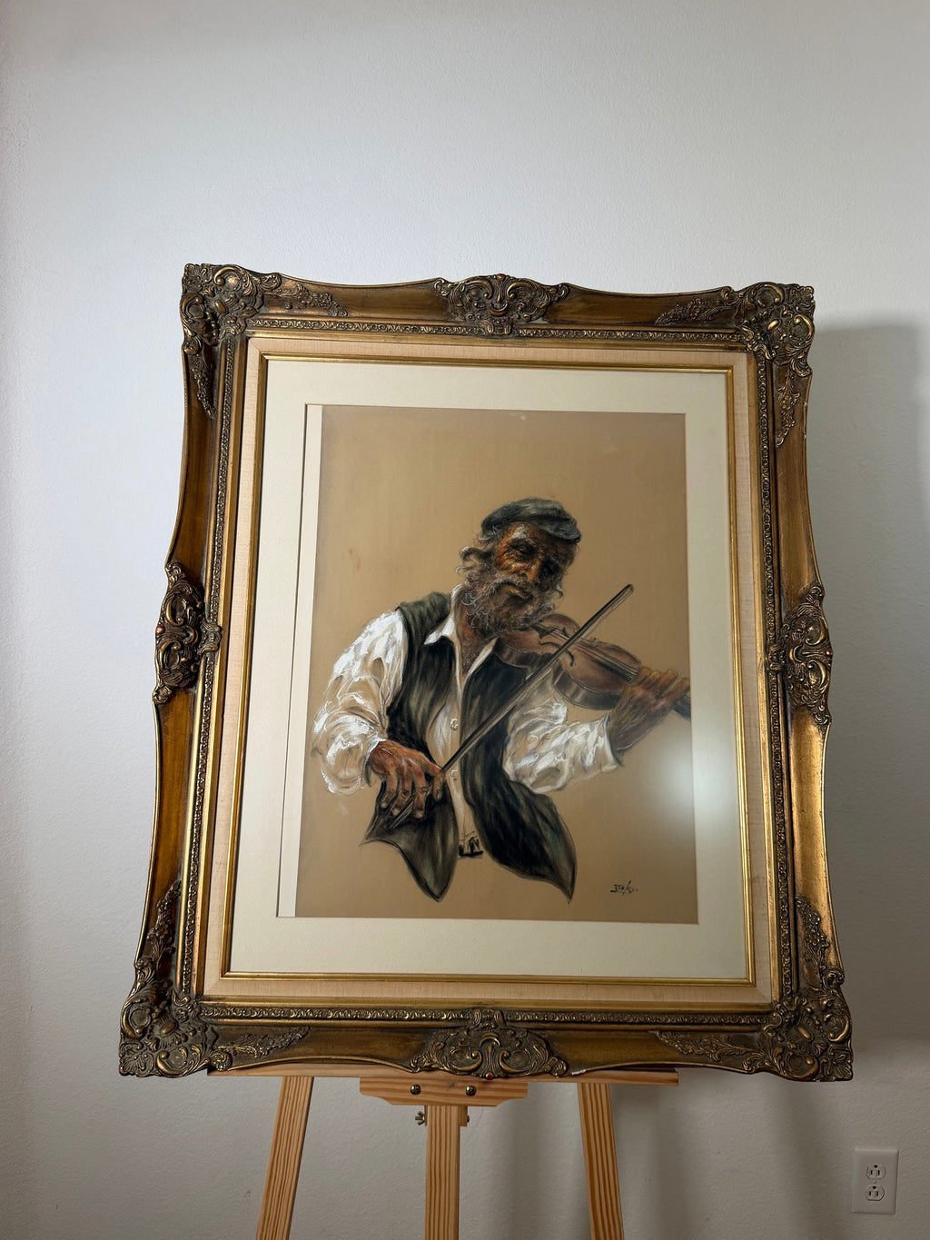 Lot 1016: Original Pastel Portrait, The Fiddler, Signed, Ornate Gold Frame, 31 x 37 in