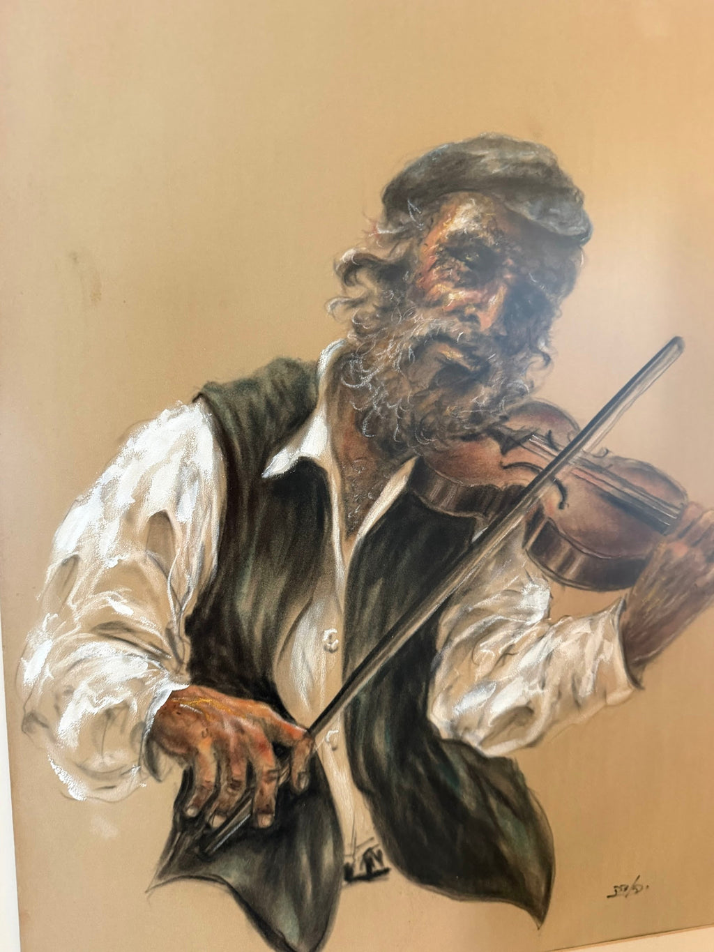 Lot 1016: Original Pastel Portrait, The Fiddler, Signed, Ornate Gold Frame, 31 x 37 in