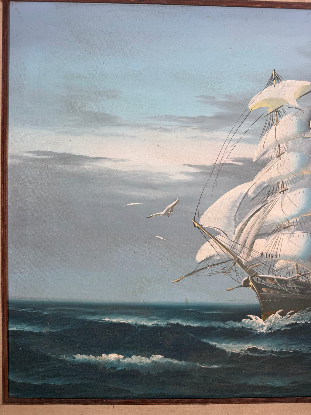 Lot 1018: Large Clipper Ship Oil Painting, Full Sail on Rolling Seas with Lighthouse, Signed, Wood Frame, 43 x 31 in