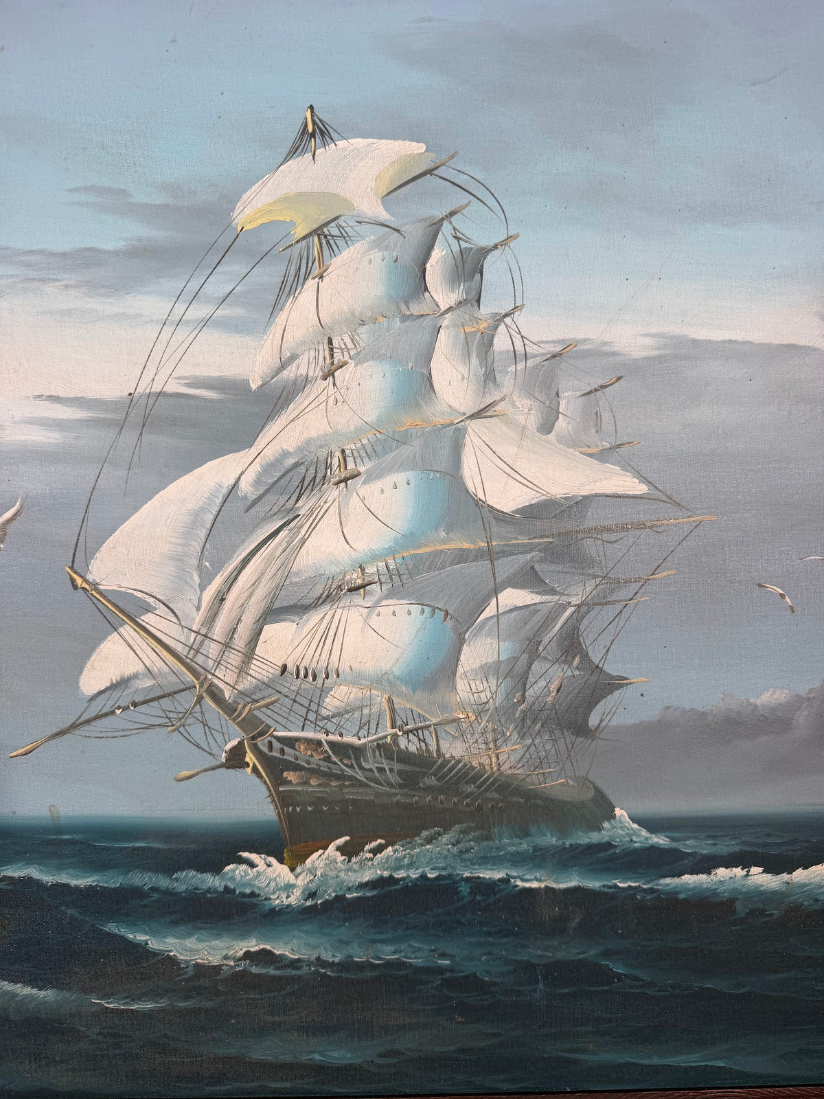 Lot 1018: Large Clipper Ship Oil Painting, Full Sail on Rolling Seas with Lighthouse, Signed, Wood Frame, 43 x 31 in