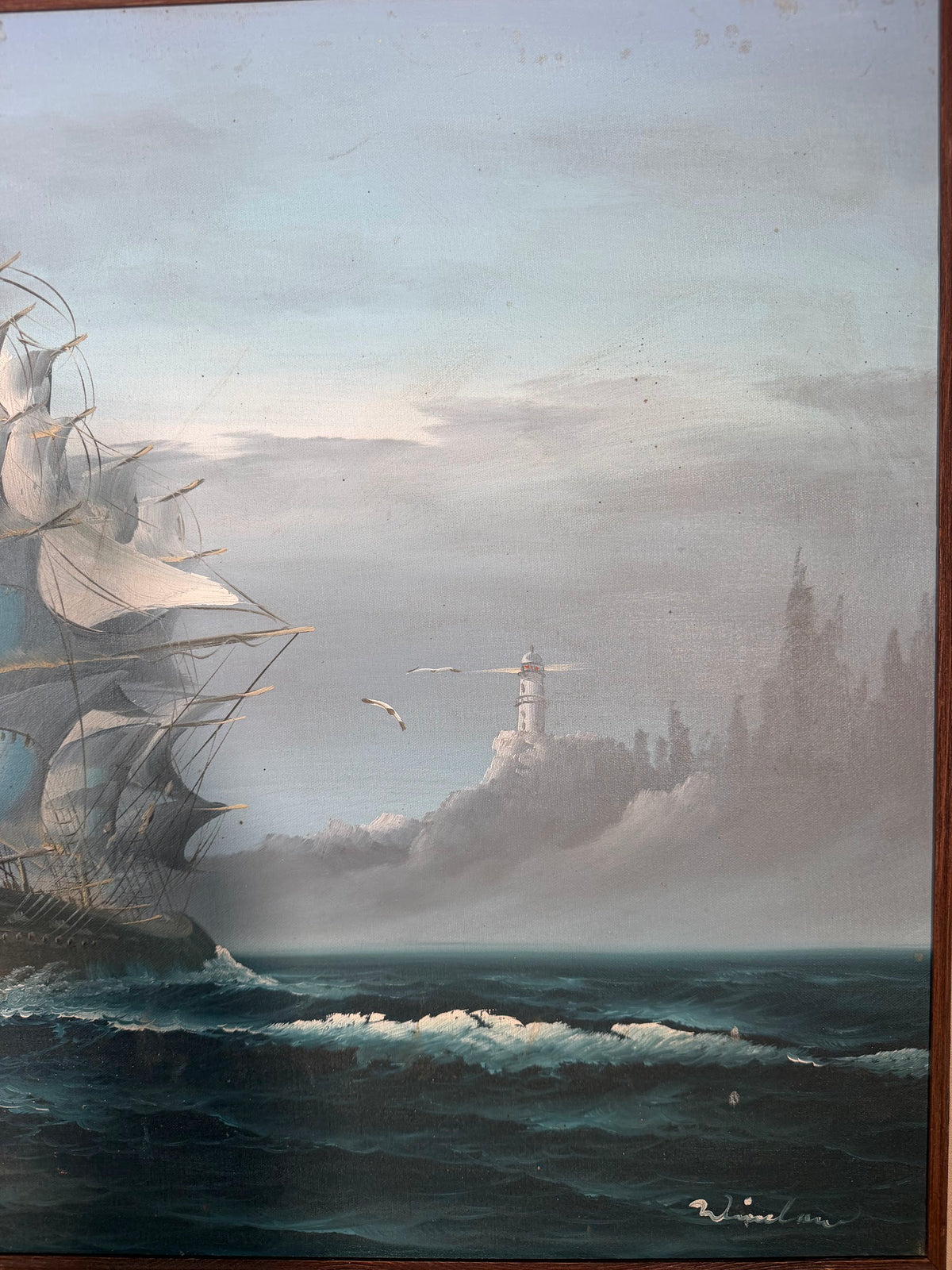 Lot 1018: Large Clipper Ship Oil Painting, Full Sail on Rolling Seas with Lighthouse, Signed, Wood Frame, 43 x 31 in