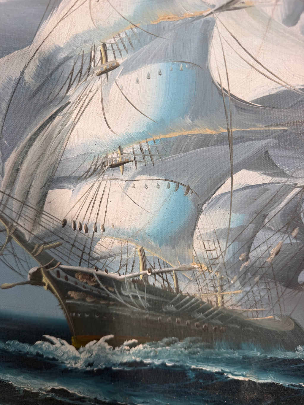 Lot 1018: Large Clipper Ship Oil Painting, Full Sail on Rolling Seas with Lighthouse, Signed, Wood Frame, 43 x 31 in