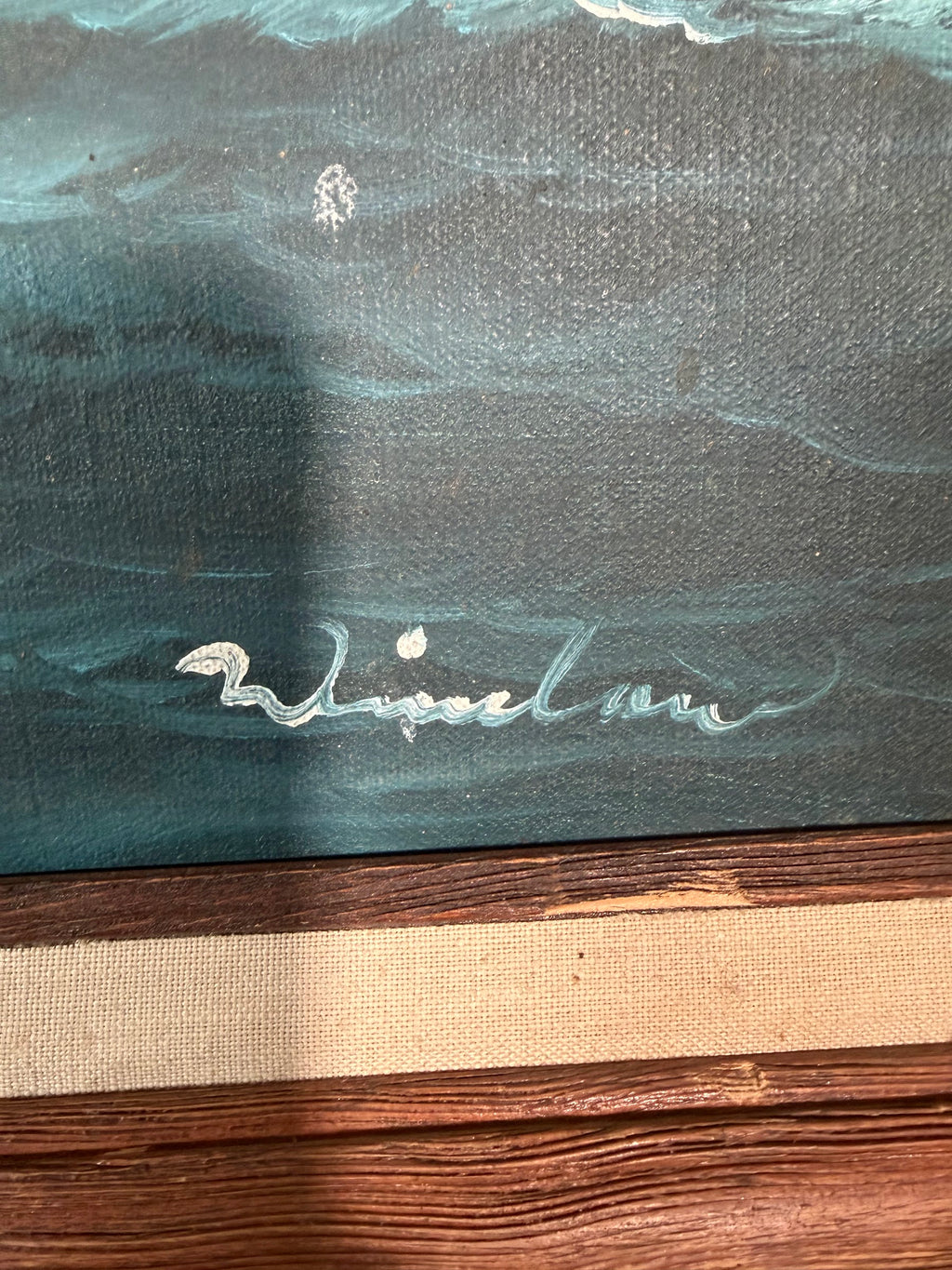 Lot 1018: Large Clipper Ship Oil Painting, Full Sail on Rolling Seas with Lighthouse, Signed, Wood Frame, 43 x 31 in
