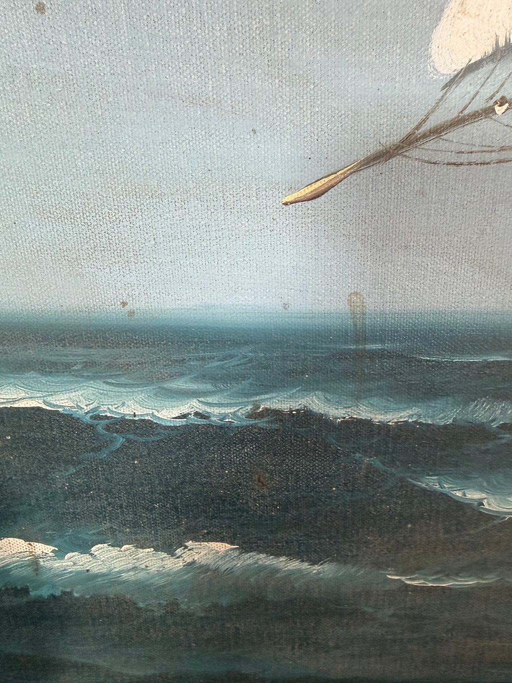 Lot 1018: Large Clipper Ship Oil Painting, Full Sail on Rolling Seas with Lighthouse, Signed, Wood Frame, 43 x 31 in