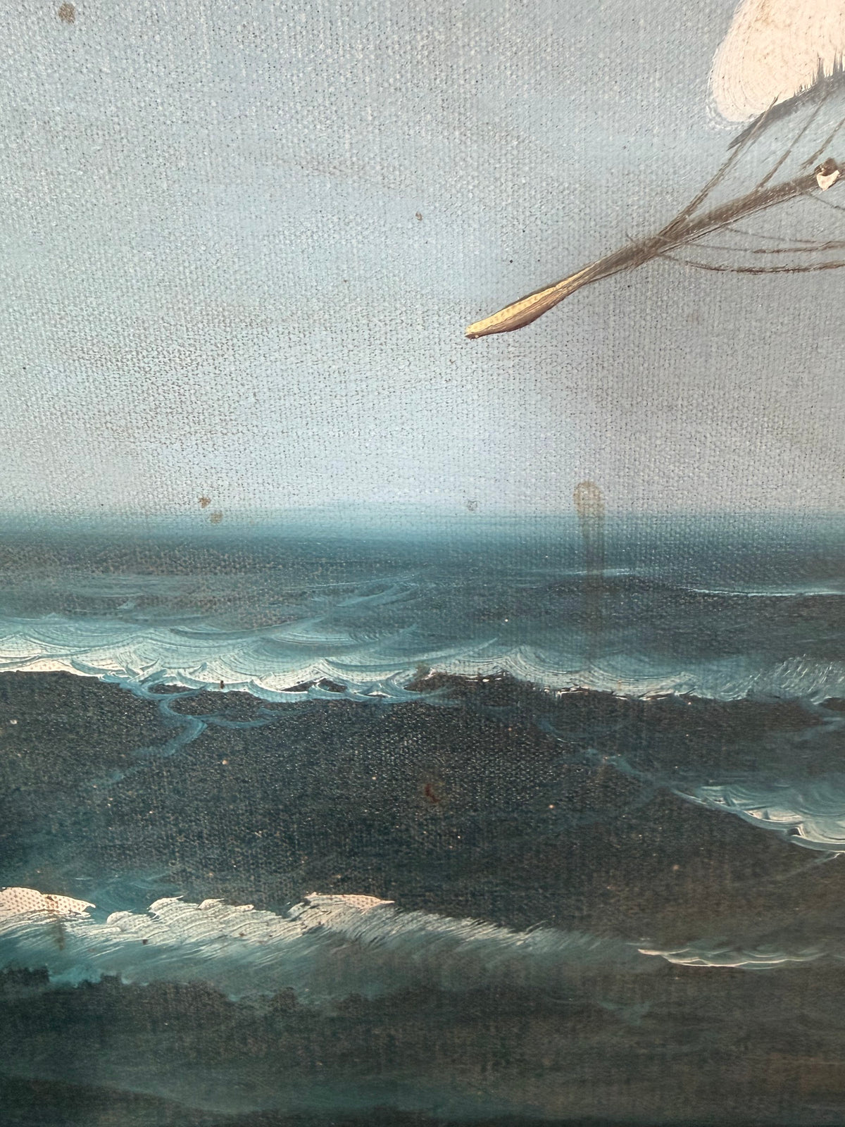 Lot 1018: Large Clipper Ship Oil Painting, Full Sail on Rolling Seas with Lighthouse, Signed, Wood Frame, 43 x 31 in