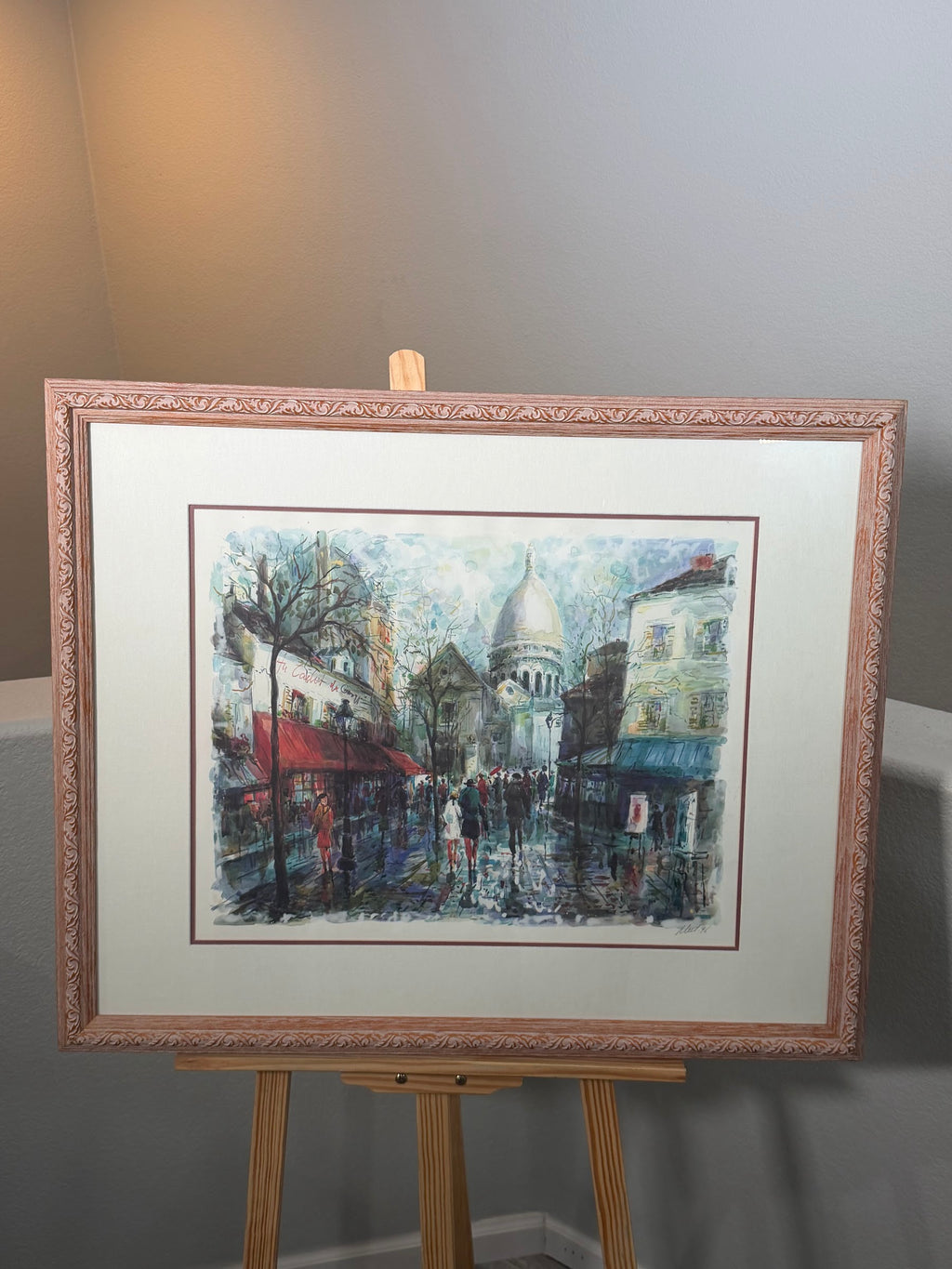 Lot 1020: Montmartre Paris Street Scene Art Print, Sacre Coeur and Red Cafe Awnings, Pencil Signed and Dated 96, Framed, 33 x 26.5 in