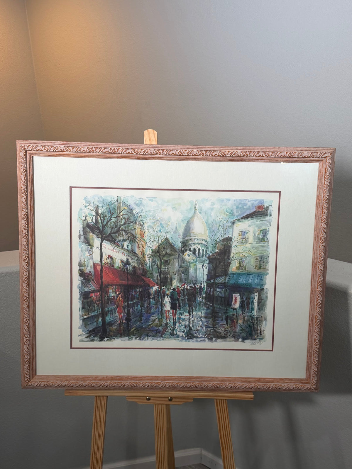 Lot 1020: Montmartre Paris Street Scene Art Print, Sacre Coeur and Red Cafe Awnings, Pencil Signed and Dated 96, Framed, 33 x 26.5 in