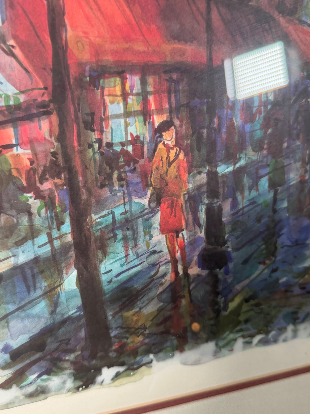Lot 1020: Montmartre Paris Street Scene Art Print, Sacre Coeur and Red Cafe Awnings, Pencil Signed and Dated 96, Framed, 33 x 26.5 in