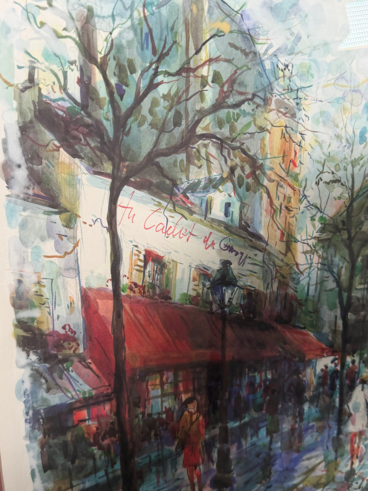 Lot 1020: Montmartre Paris Street Scene Art Print, Sacre Coeur and Red Cafe Awnings, Pencil Signed and Dated 96, Framed, 33 x 26.5 in