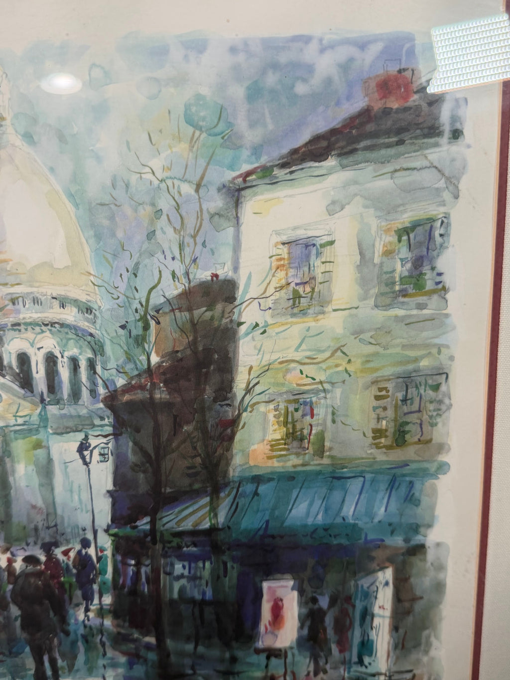 Lot 1020: Montmartre Paris Street Scene Art Print, Sacre Coeur and Red Cafe Awnings, Pencil Signed and Dated 96, Framed, 33 x 26.5 in