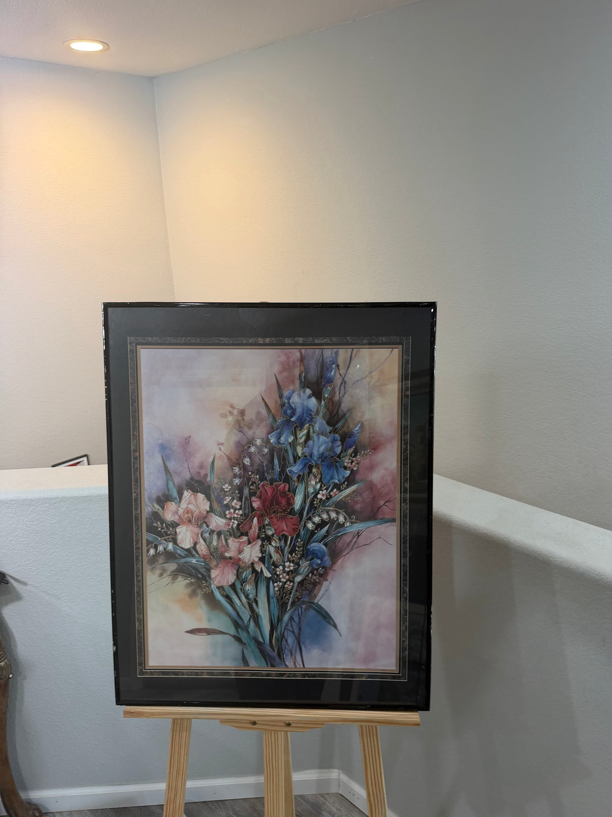 Lot 1021: Iris and Lily Floral Bouquet Art Print, Soft Watercolor Style, Black Frame, 22 x 28 in