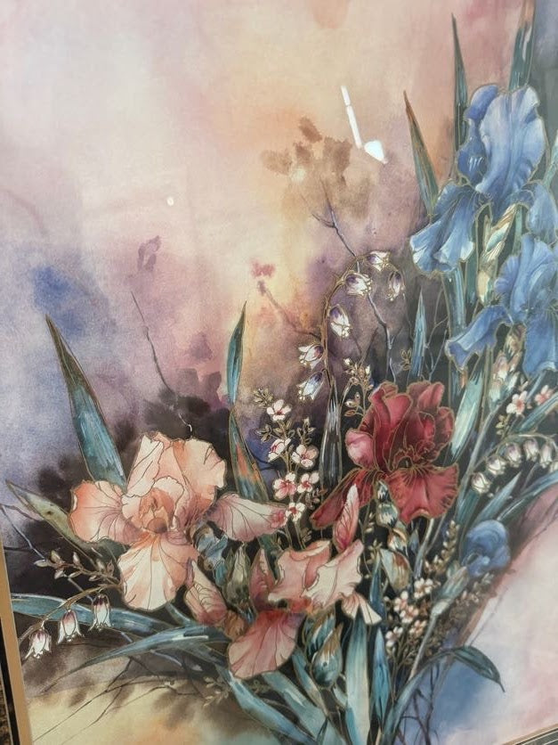 Lot 1021: Iris and Lily Floral Bouquet Art Print, Soft Watercolor Style, Black Frame, 22 x 28 in