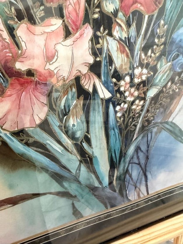 Lot 1021: Iris and Lily Floral Bouquet Art Print, Soft Watercolor Style, Black Frame, 22 x 28 in