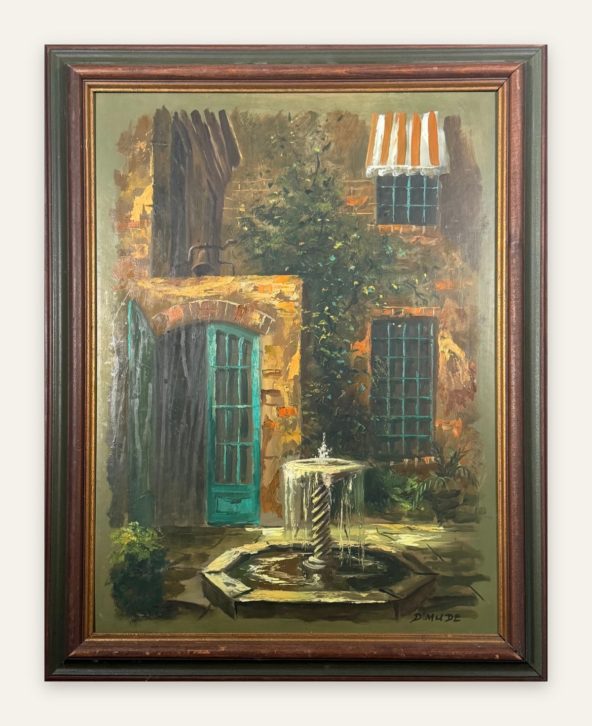 Lot 1001: Signed D'Mude Oil Painting, Courtyard Fountain with Teal Shutters, Wood Frame, 21 x 28 in