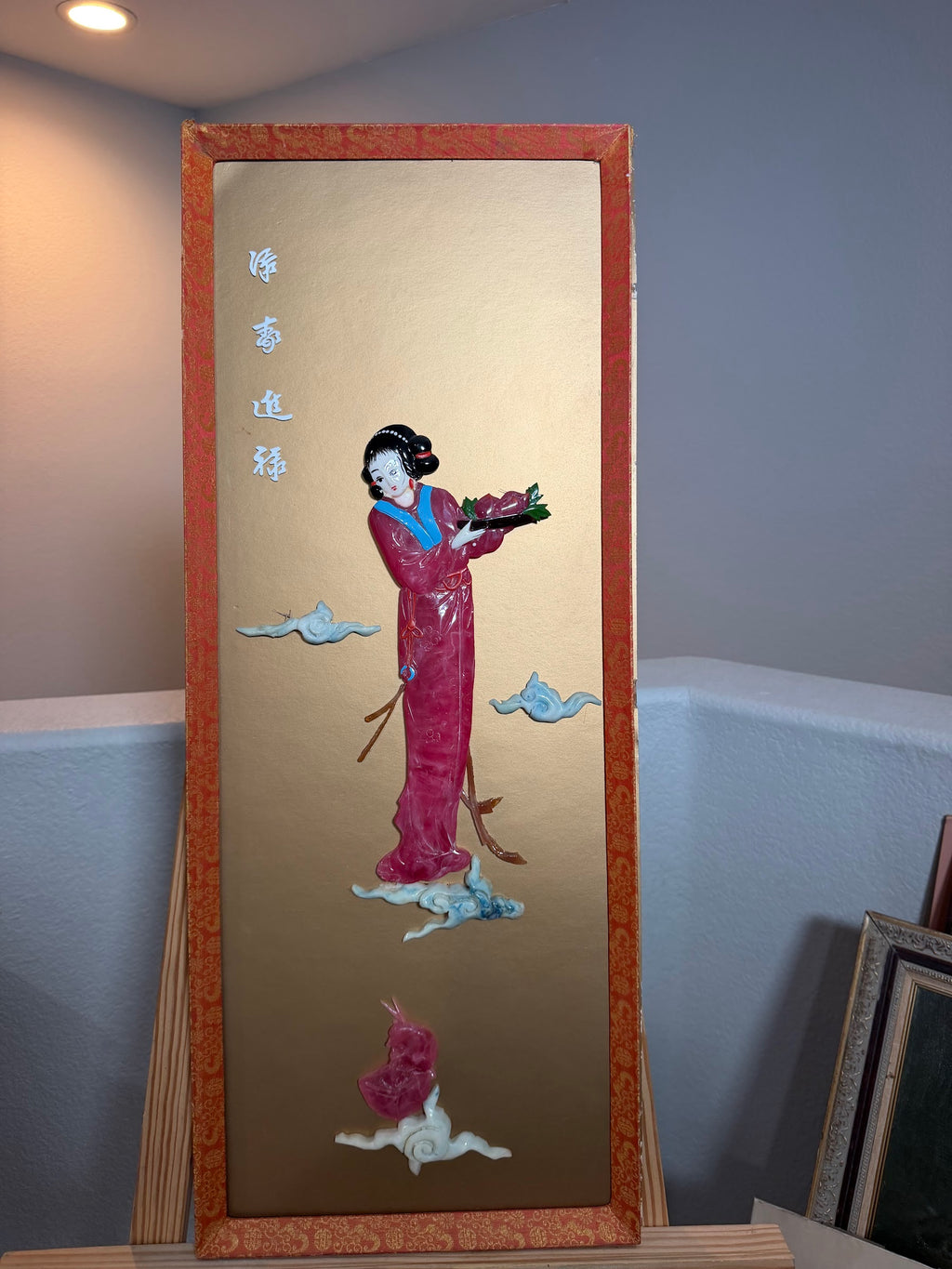 Lot 1029: Chinese Ceramic Figural Wall Panel, Court Lady with Peonies, Red Lacquer Frame, 12 x 29 in