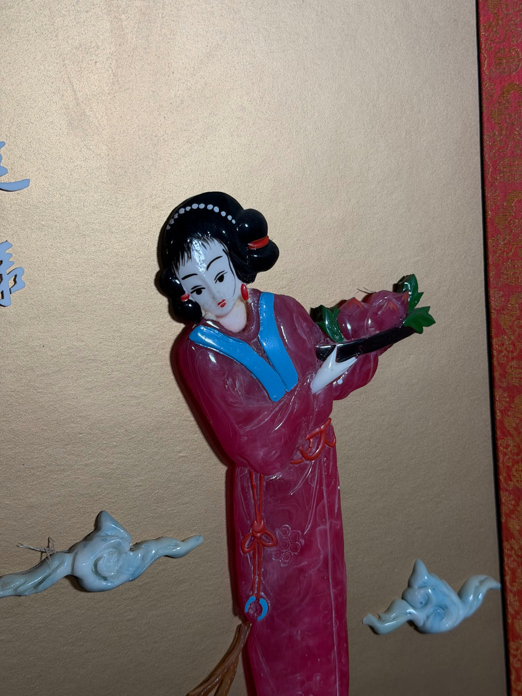 Lot 1029: Chinese Ceramic Figural Wall Panel, Court Lady with Peonies, Red Lacquer Frame, 12 x 29 in