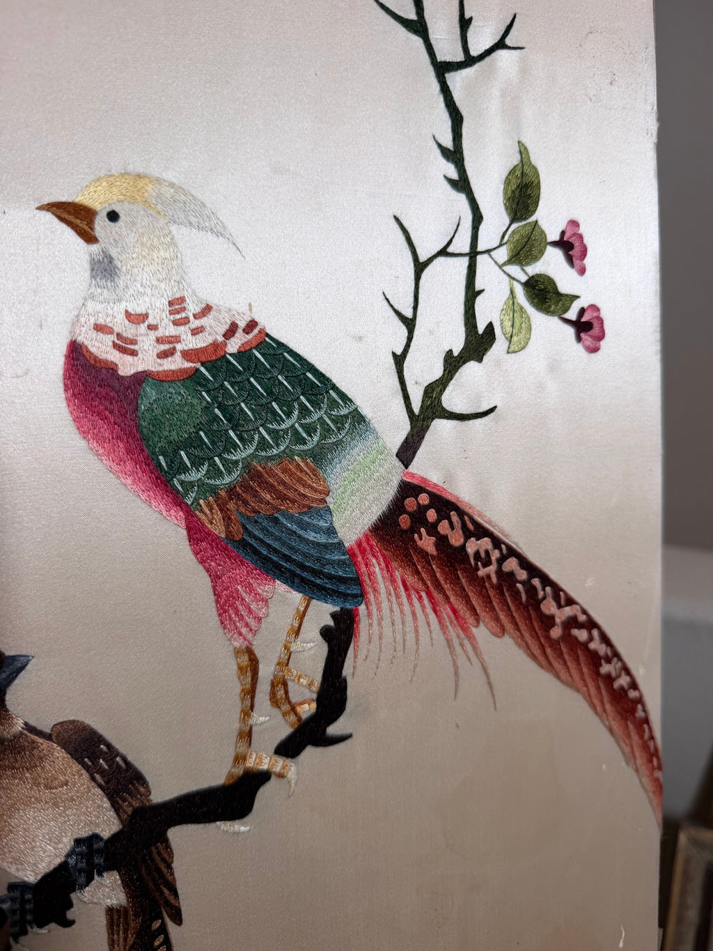 Lot 1030: Chinese Silk Embroidery, Golden Pheasant with Peonies and Plum Blossoms, Signed with Red Seal, 14 x 30 in