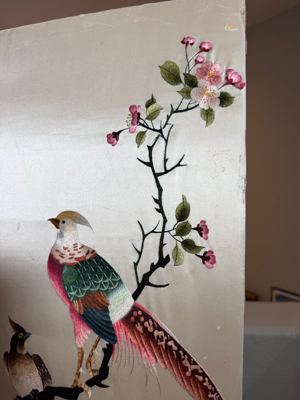 Lot 1030: Chinese Silk Embroidery, Golden Pheasant with Peonies and Plum Blossoms, Signed with Red Seal, 14 x 30 in