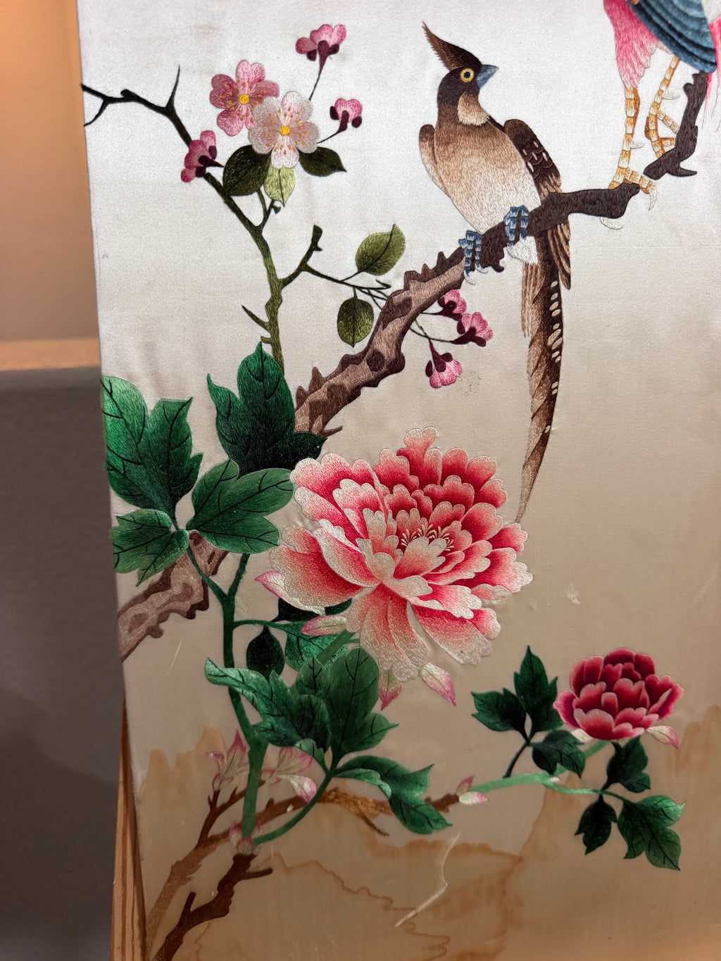 Lot 1030: Chinese Silk Embroidery, Golden Pheasant with Peonies and Plum Blossoms, Signed with Red Seal, 14 x 30 in