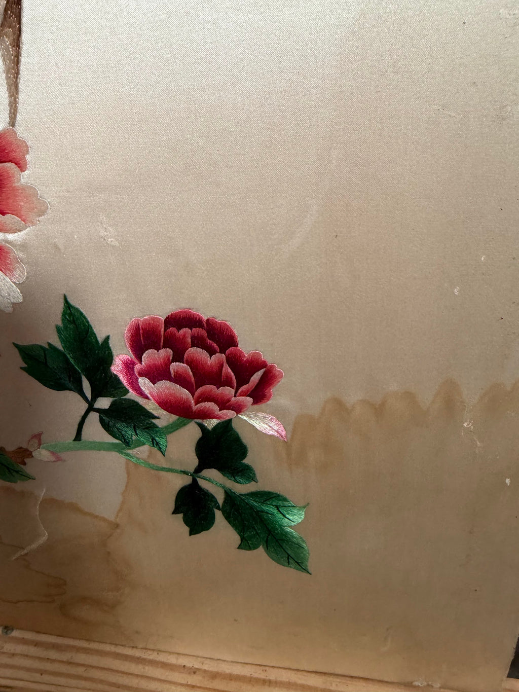 Lot 1030: Chinese Silk Embroidery, Golden Pheasant with Peonies and Plum Blossoms, Signed with Red Seal, 14 x 30 in