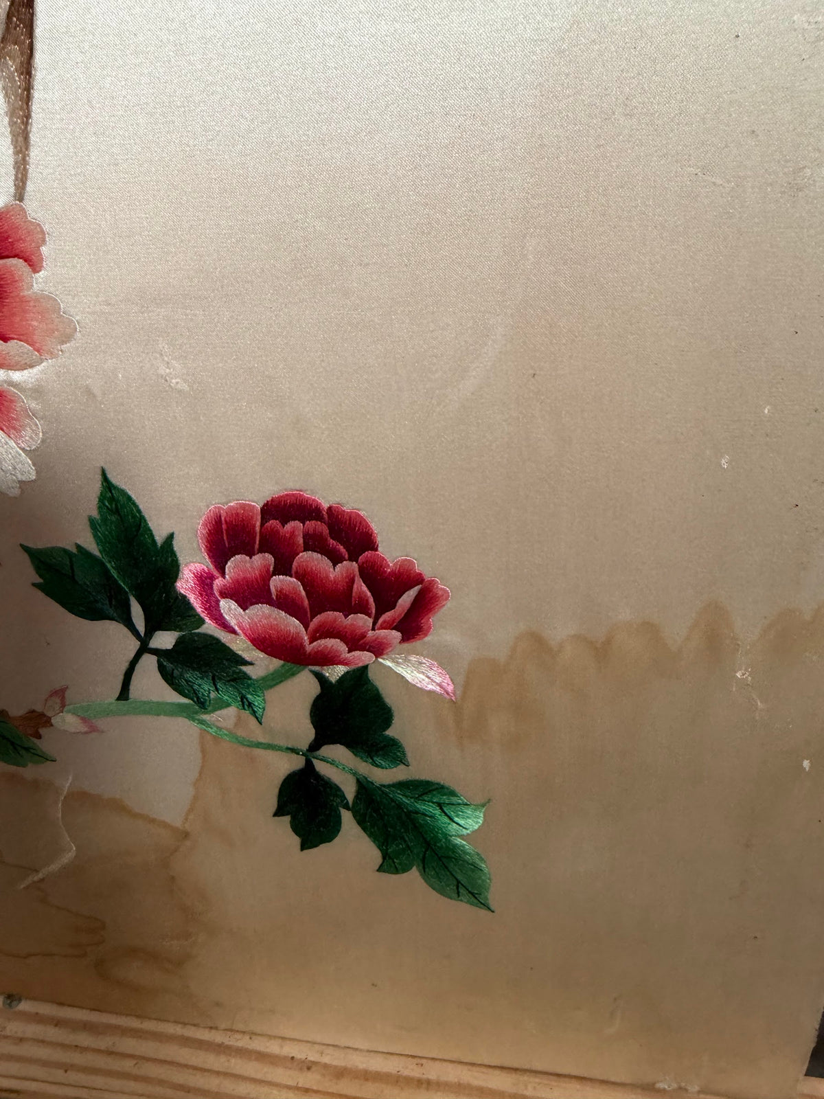 Lot 1030: Chinese Silk Embroidery, Golden Pheasant with Peonies and Plum Blossoms, Signed with Red Seal, 14 x 30 in