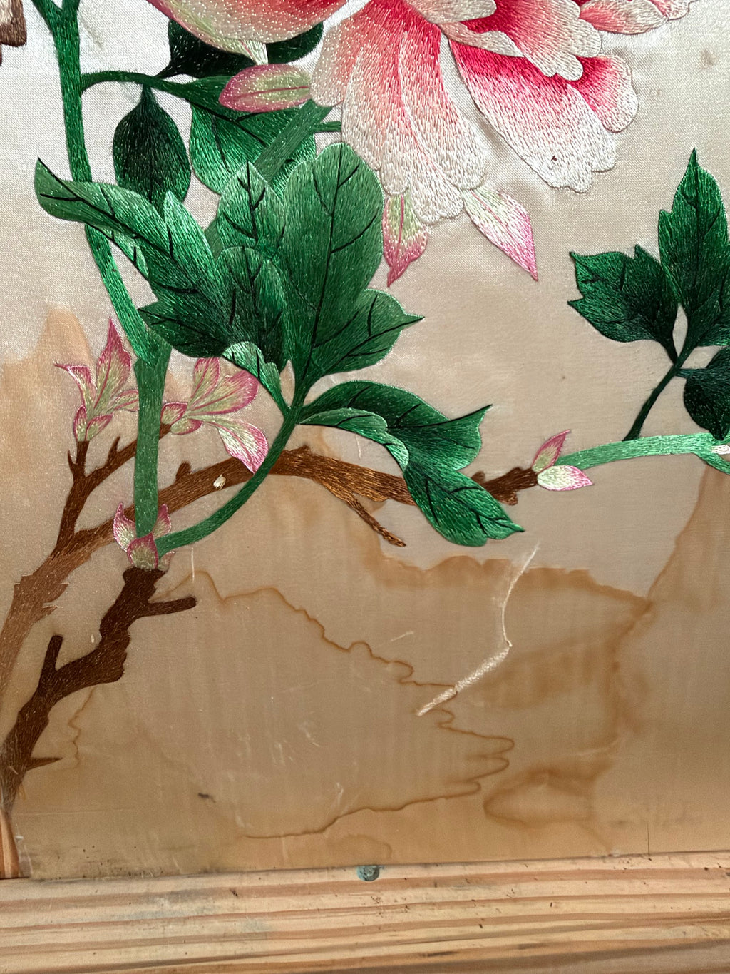 Lot 1030: Chinese Silk Embroidery, Golden Pheasant with Peonies and Plum Blossoms, Signed with Red Seal, 14 x 30 in