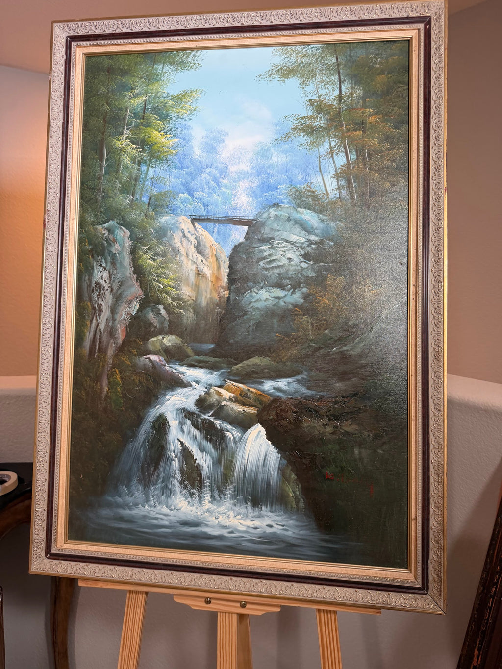 Lot 1031: Forest Waterfall Oil Painting, Rocky Cascade and Sunlit Canopy, Signed, Ornate Carved Frame, 28 x 40 in
