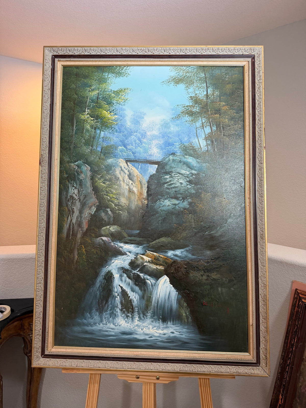 Lot 1031: Forest Waterfall Oil Painting, Rocky Cascade and Sunlit Canopy, Signed, Ornate Carved Frame, 28 x 40 in