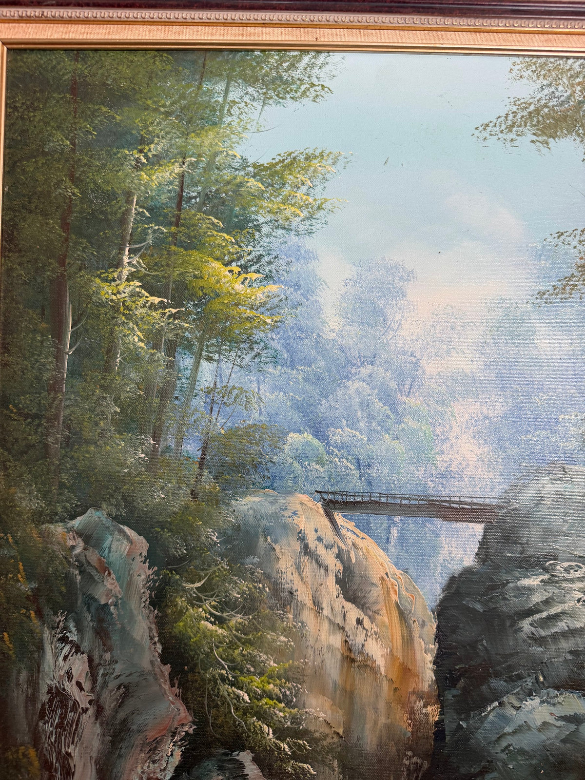 Lot 1031: Forest Waterfall Oil Painting, Rocky Cascade and Sunlit Canopy, Signed, Ornate Carved Frame, 28 x 40 in