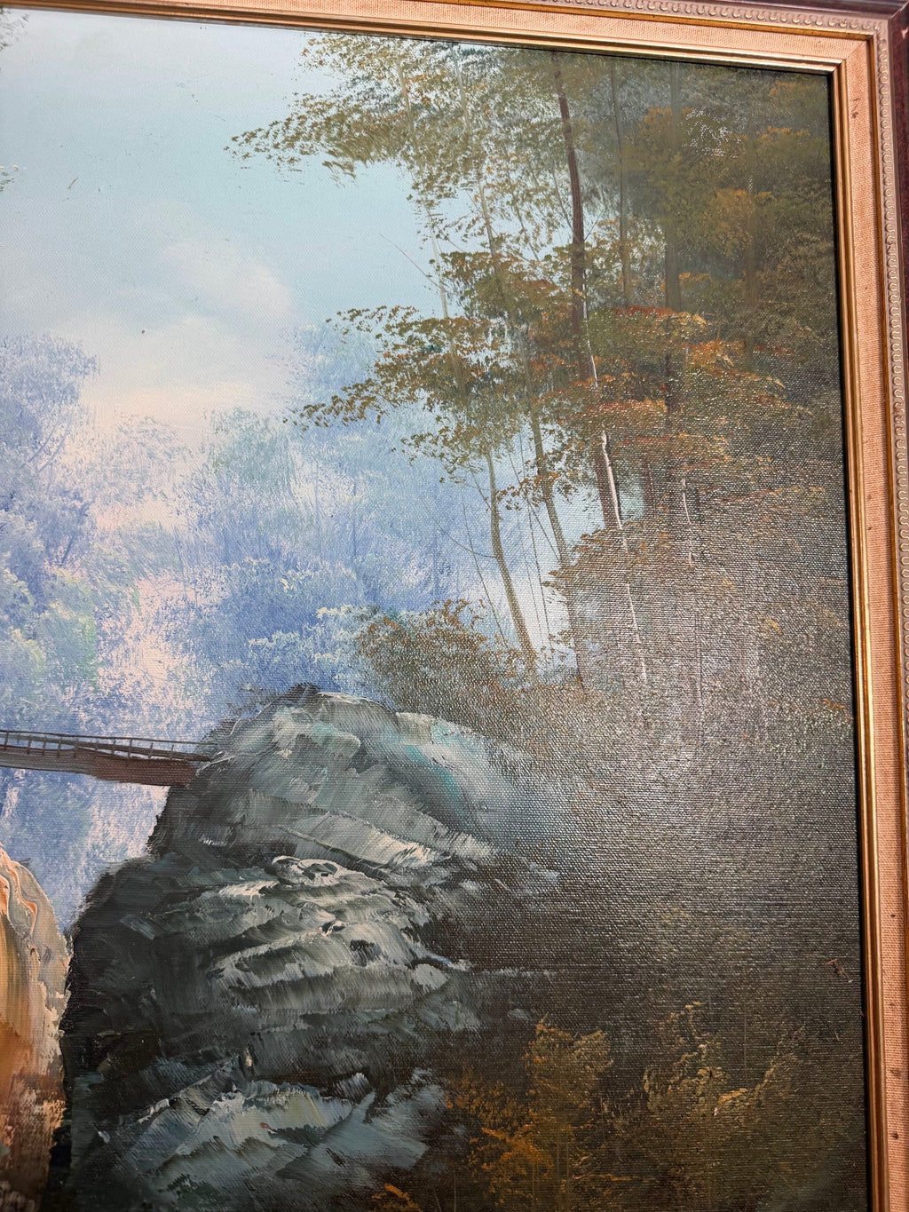 Lot 1031: Forest Waterfall Oil Painting, Rocky Cascade and Sunlit Canopy, Signed, Ornate Carved Frame, 28 x 40 in