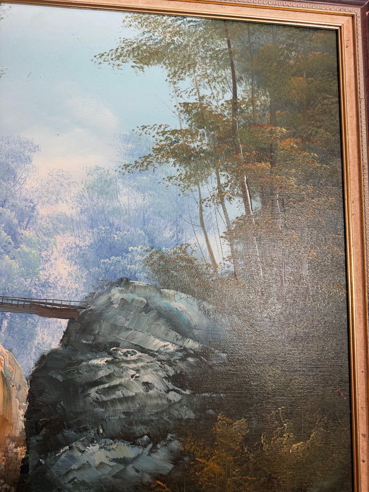 Lot 1031: Forest Waterfall Oil Painting, Rocky Cascade and Sunlit Canopy, Signed, Ornate Carved Frame, 28 x 40 in
