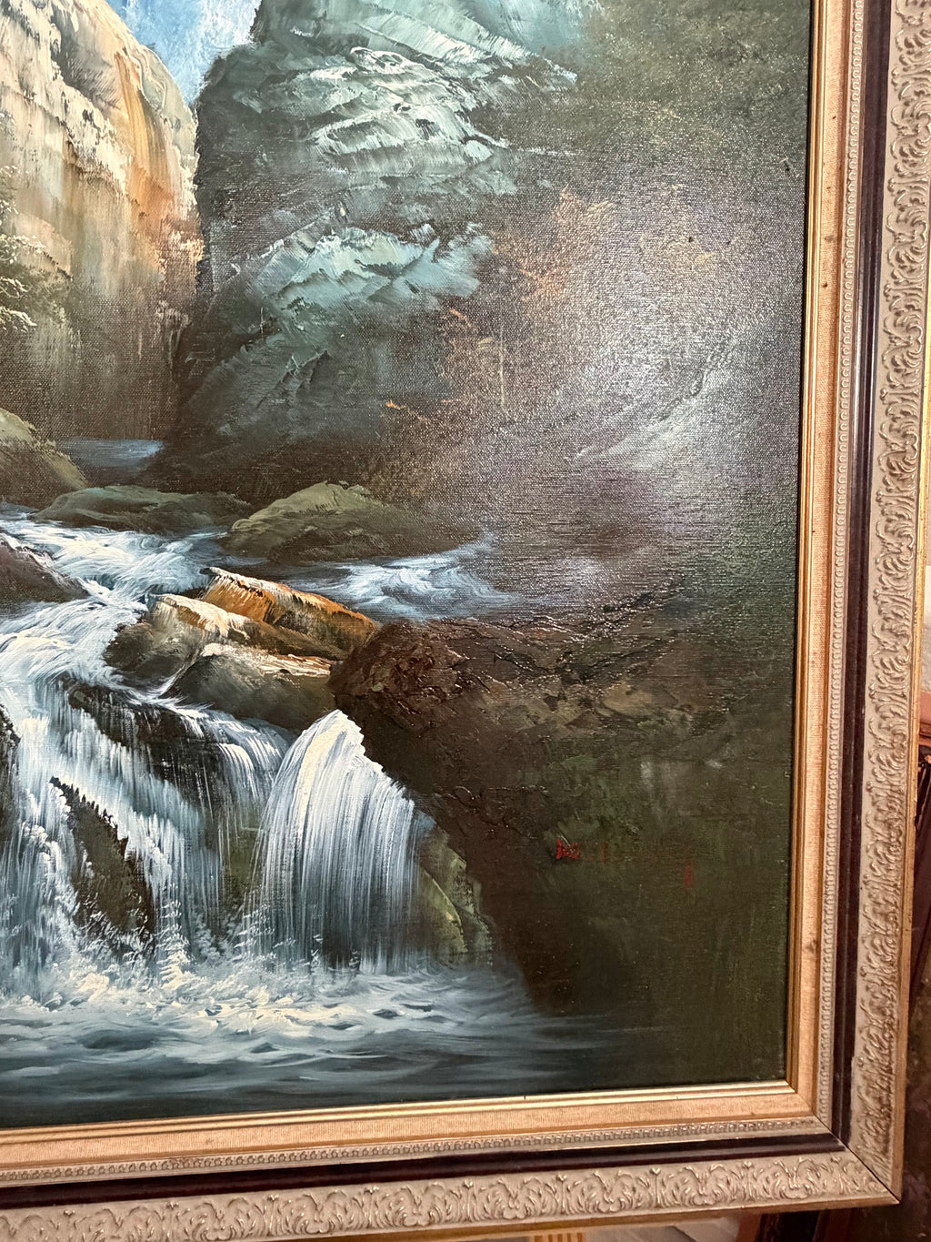 Lot 1031: Forest Waterfall Oil Painting, Rocky Cascade and Sunlit Canopy, Signed, Ornate Carved Frame, 28 x 40 in
