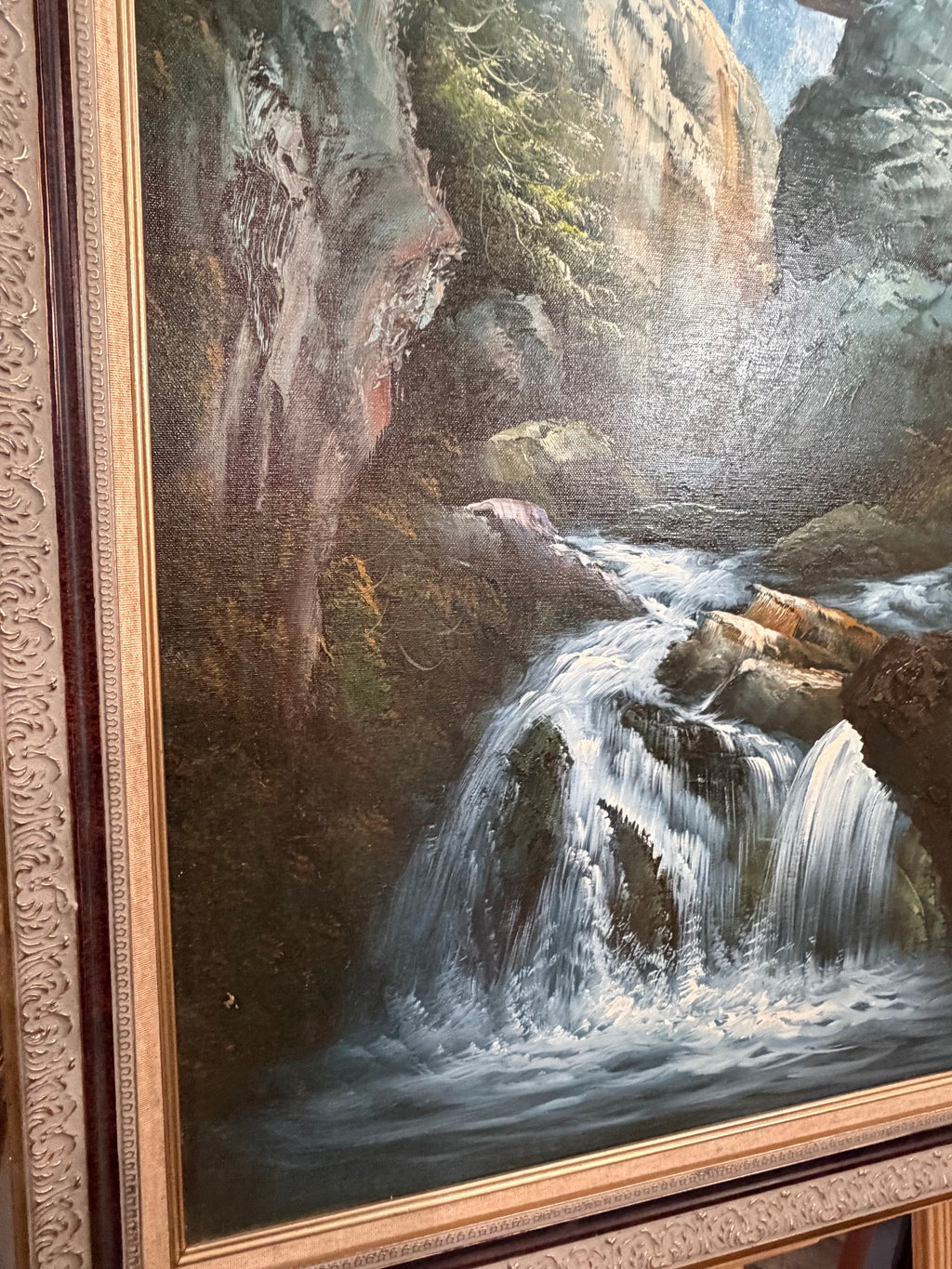 Lot 1031: Forest Waterfall Oil Painting, Rocky Cascade and Sunlit Canopy, Signed, Ornate Carved Frame, 28 x 40 in