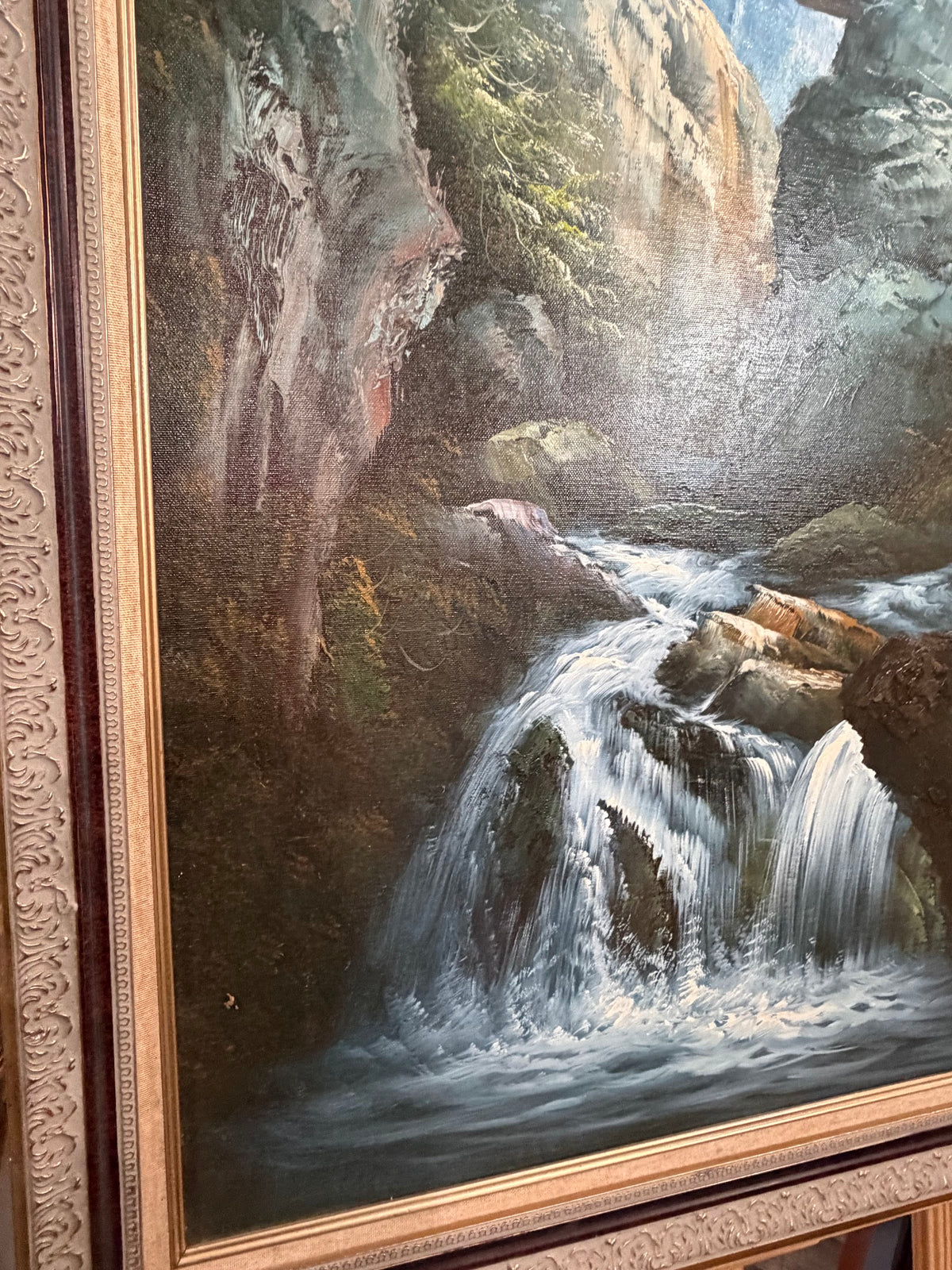 Lot 1031: Forest Waterfall Oil Painting, Rocky Cascade and Sunlit Canopy, Signed, Ornate Carved Frame, 28 x 40 in