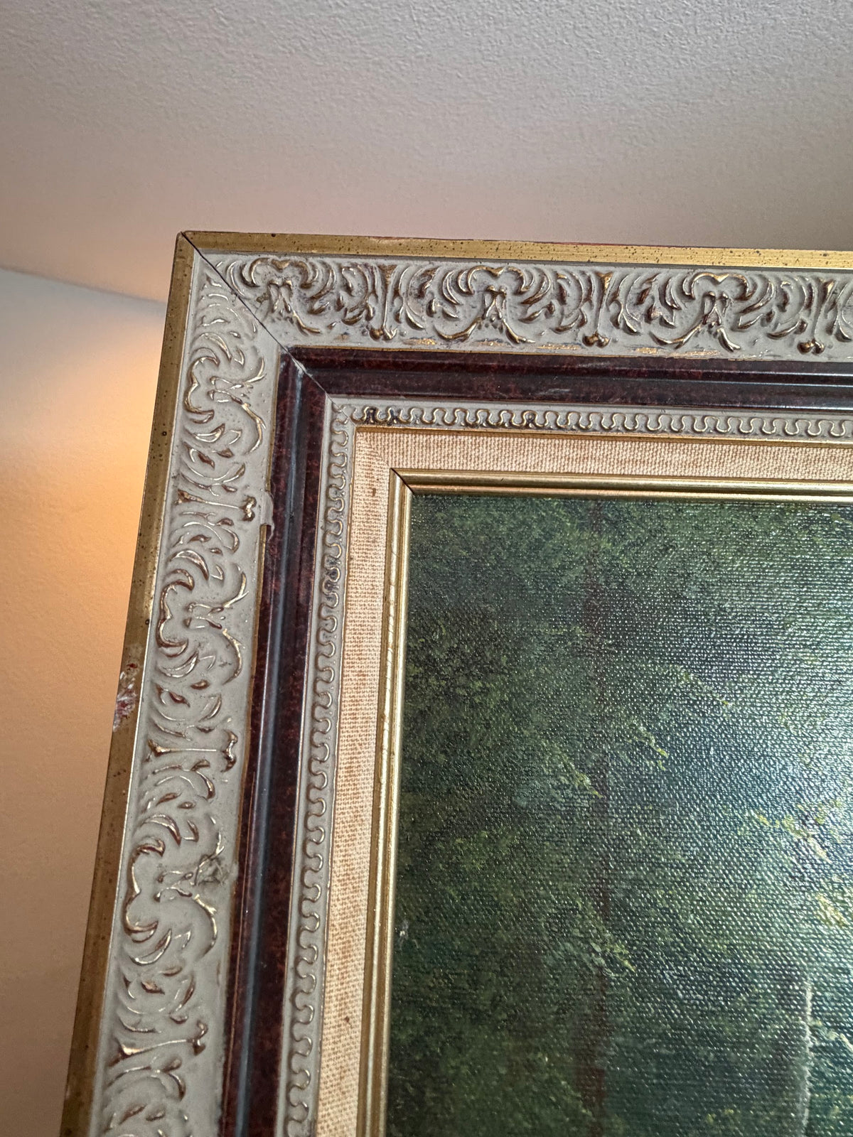 Lot 1031: Forest Waterfall Oil Painting, Rocky Cascade and Sunlit Canopy, Signed, Ornate Carved Frame, 28 x 40 in