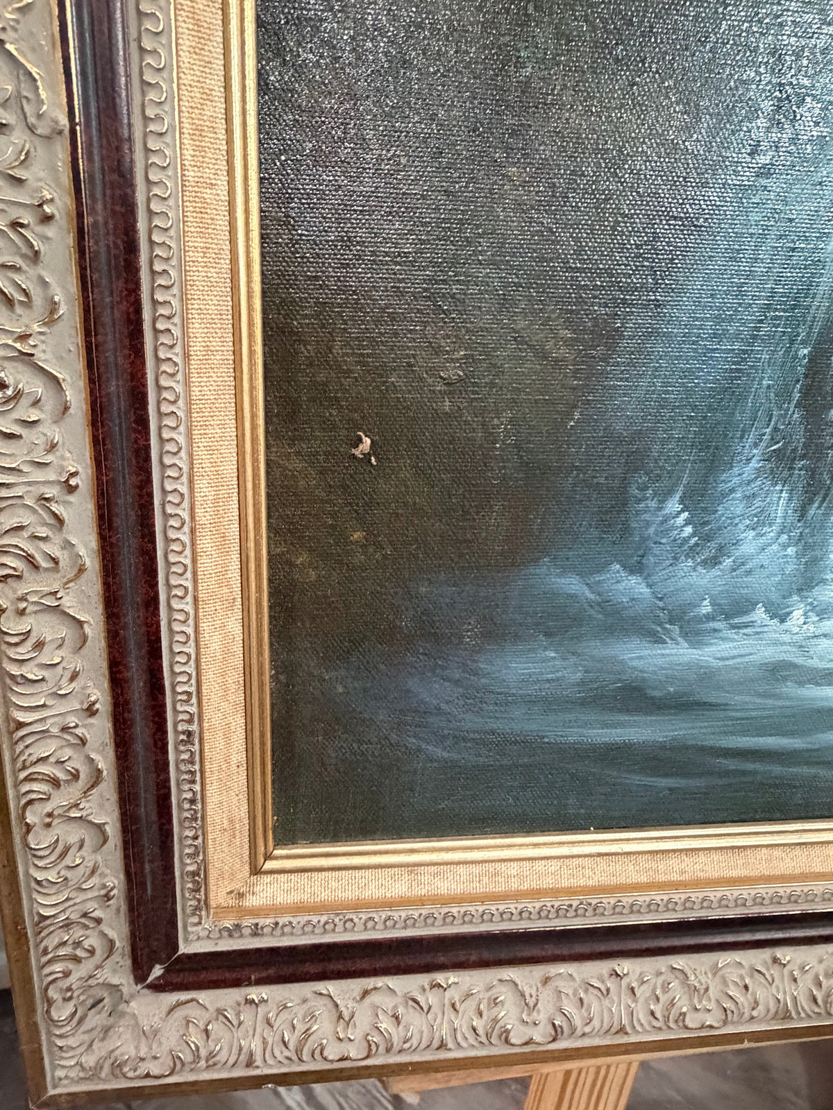 Lot 1031: Forest Waterfall Oil Painting, Rocky Cascade and Sunlit Canopy, Signed, Ornate Carved Frame, 28 x 40 in