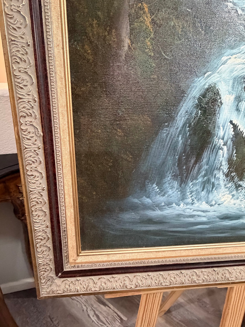 Lot 1031: Forest Waterfall Oil Painting, Rocky Cascade and Sunlit Canopy, Signed, Ornate Carved Frame, 28 x 40 in