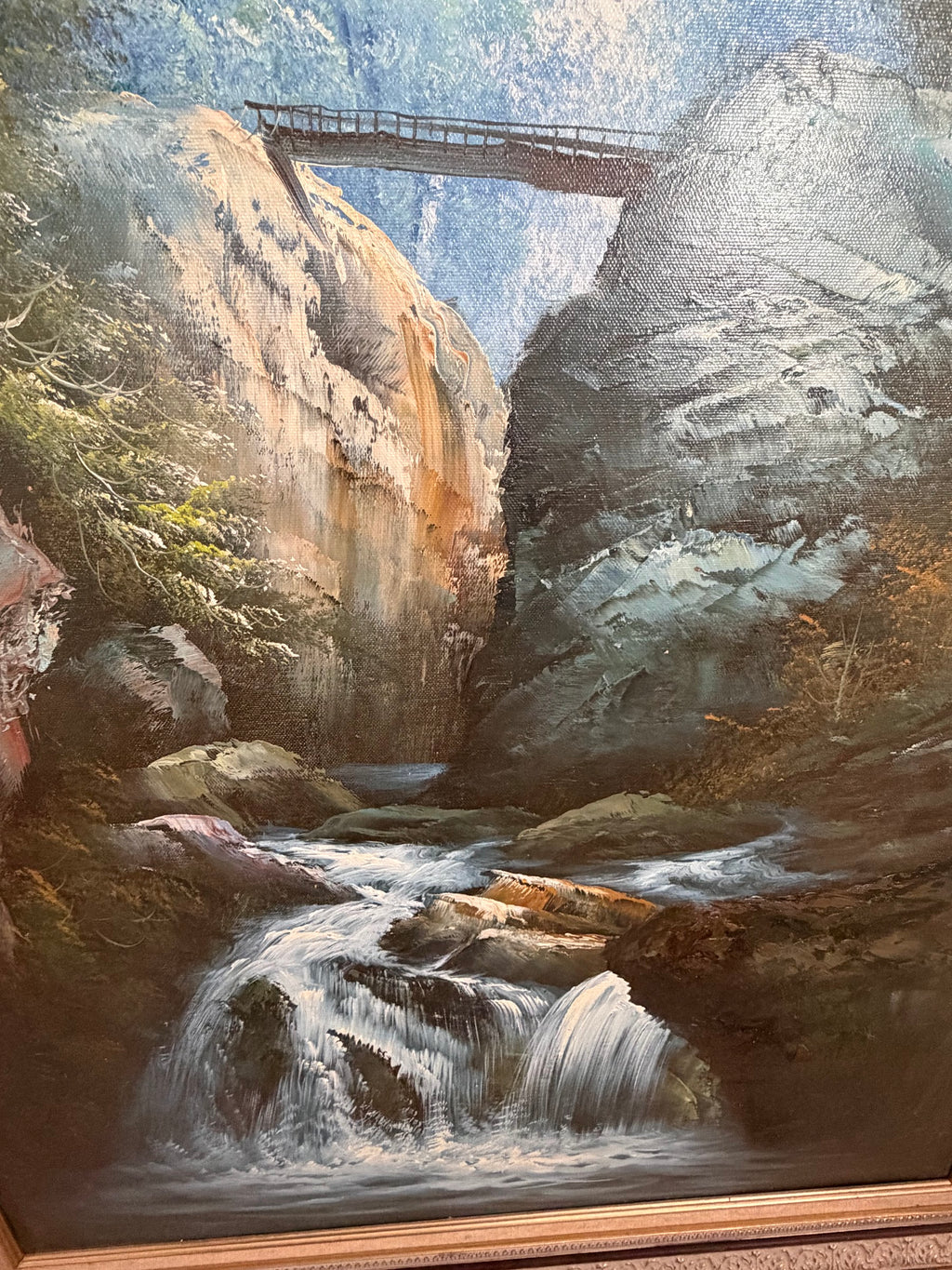 Lot 1031: Forest Waterfall Oil Painting, Rocky Cascade and Sunlit Canopy, Signed, Ornate Carved Frame, 28 x 40 in
