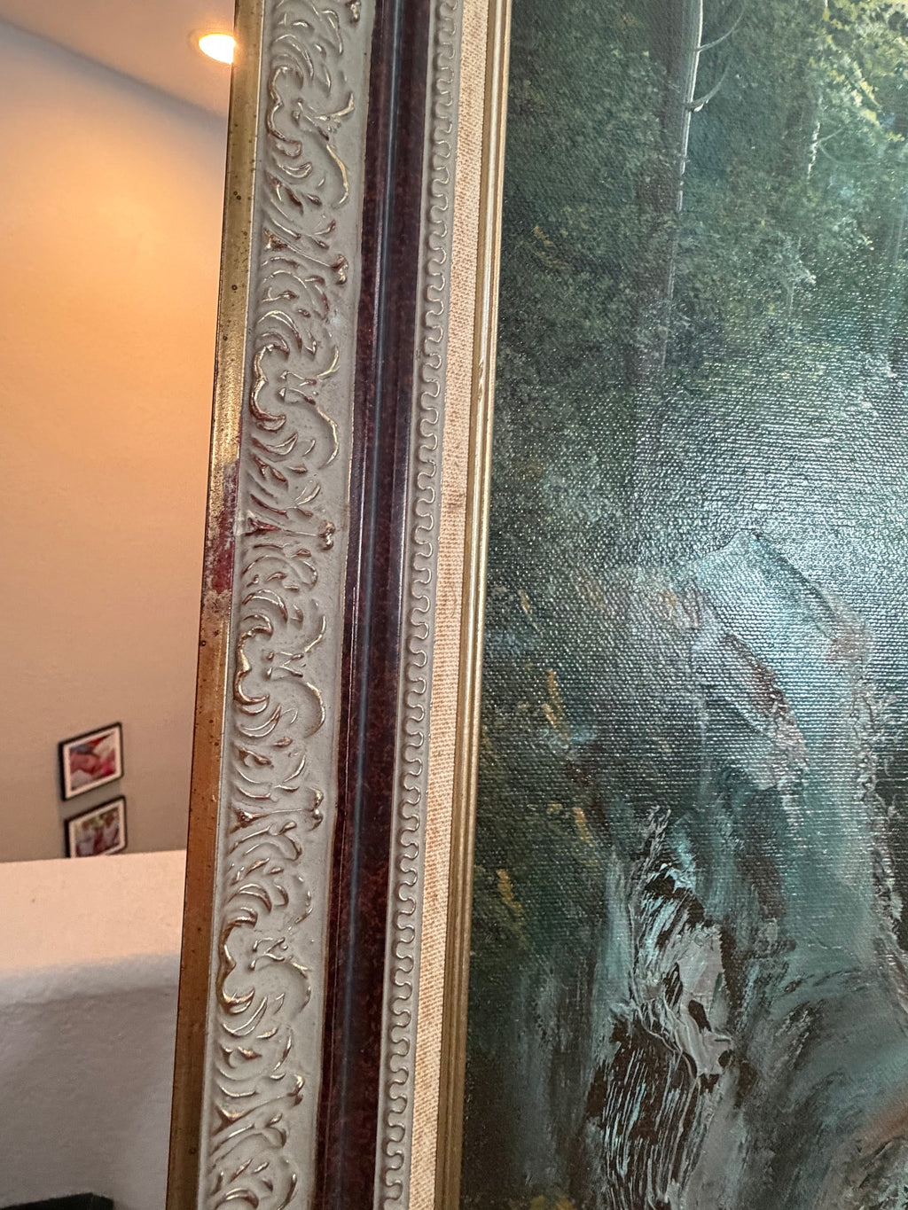 Lot 1031: Forest Waterfall Oil Painting, Rocky Cascade and Sunlit Canopy, Signed, Ornate Carved Frame, 28 x 40 in