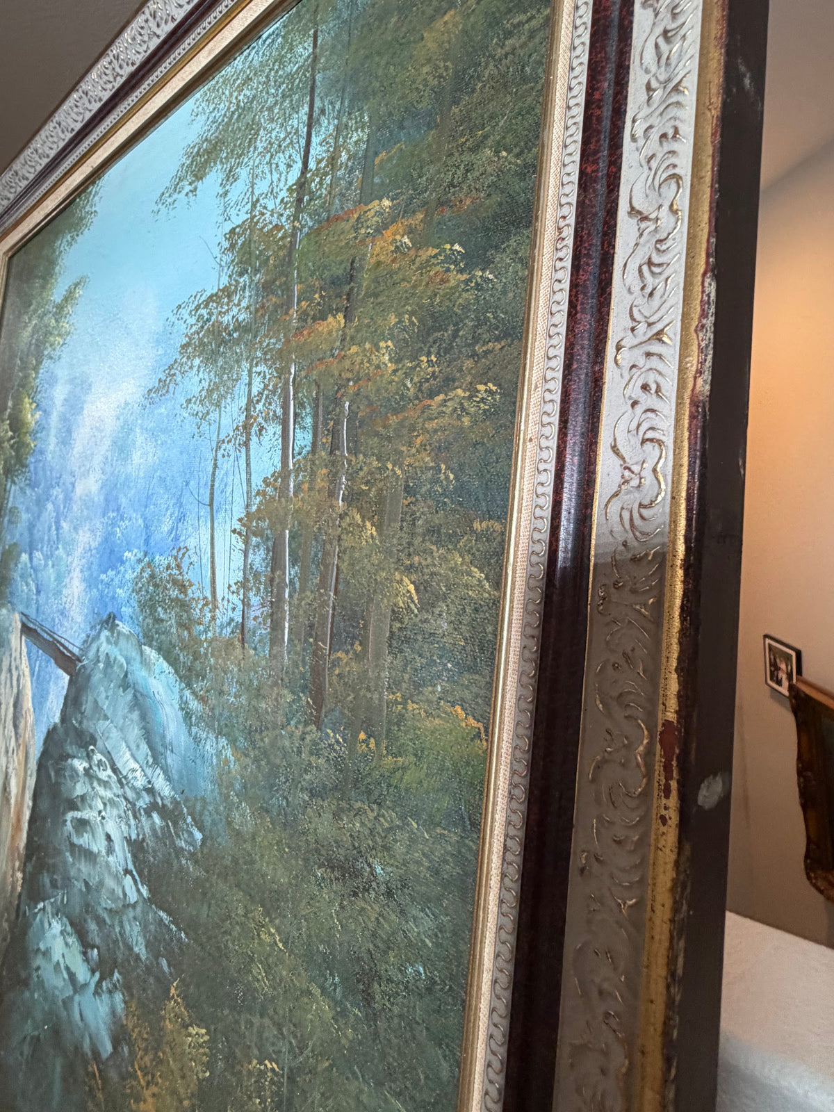 Lot 1031: Forest Waterfall Oil Painting, Rocky Cascade and Sunlit Canopy, Signed, Ornate Carved Frame, 28 x 40 in