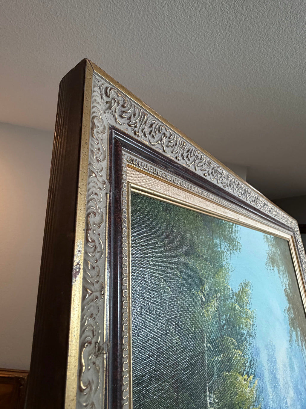 Lot 1031: Forest Waterfall Oil Painting, Rocky Cascade and Sunlit Canopy, Signed, Ornate Carved Frame, 28 x 40 in
