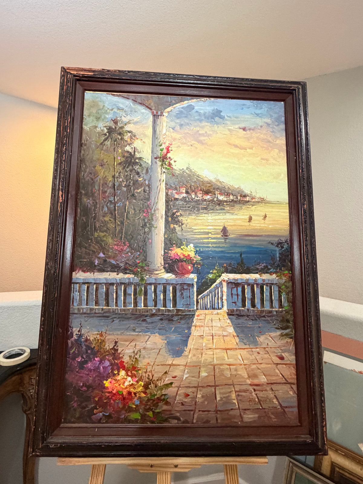Lot 1032: Mediterranean Terrace Oil Painting, Columns, Flower Pots and Harbor at Sunset, Heavy Impasto, Signed, Carved Wood Frame